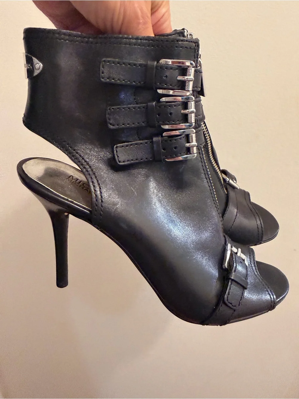 Michael Kors Black Leather Buckle Peep-Toe Stiletto Booties